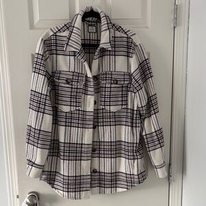 Denver Hayes Cream Plaid Shacket with Navy & Brown Stripes